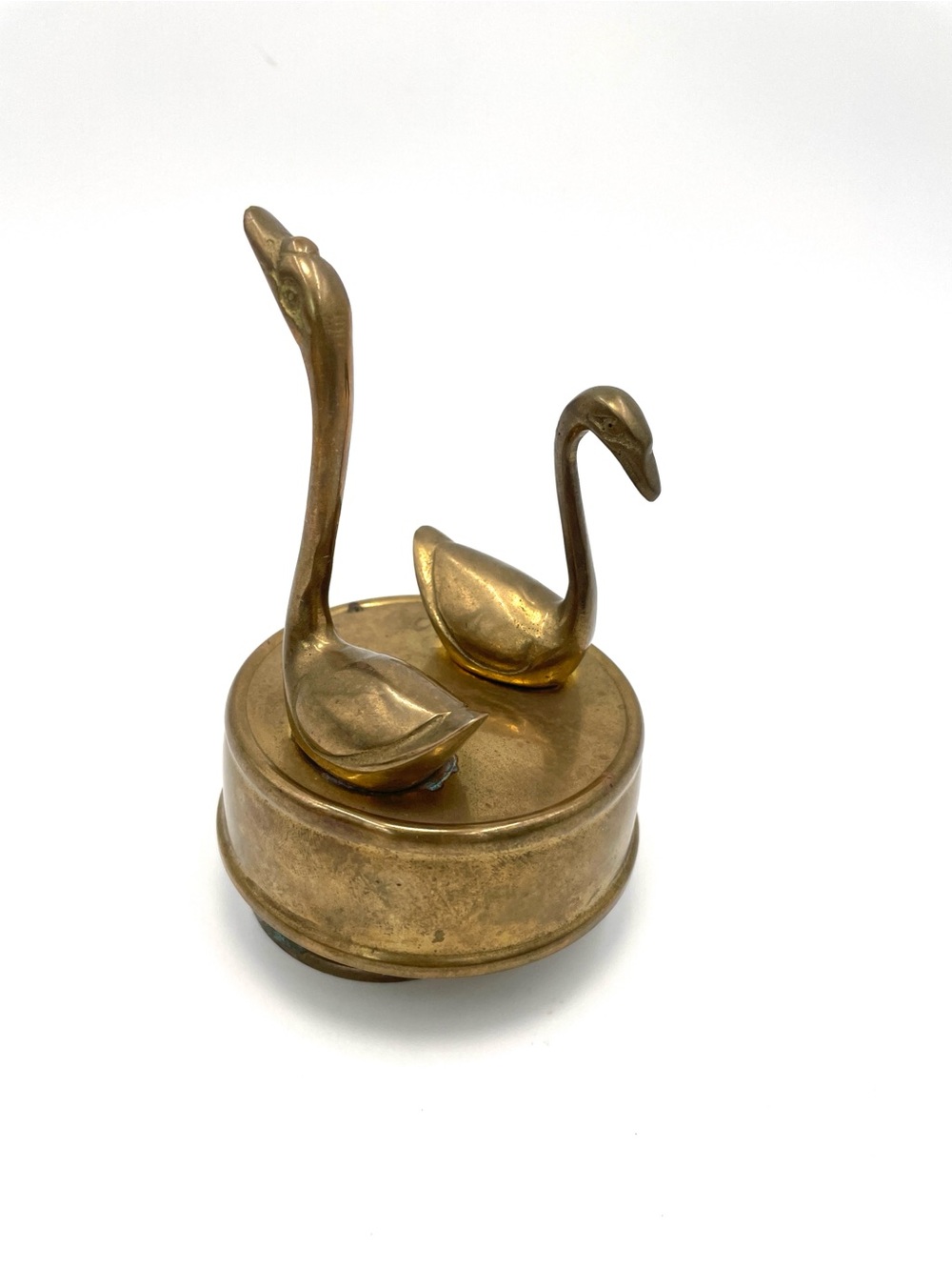 Vintage Brass Wind Up Pair of Swans Music Box on a Pedestal 5”